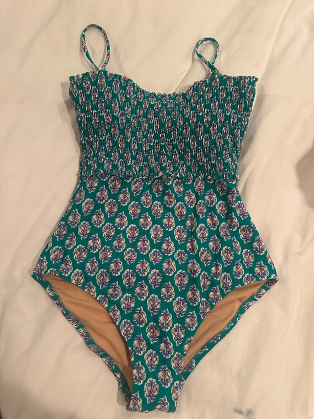 J. Crew Teal and Purple Floral Smocked One-Piece